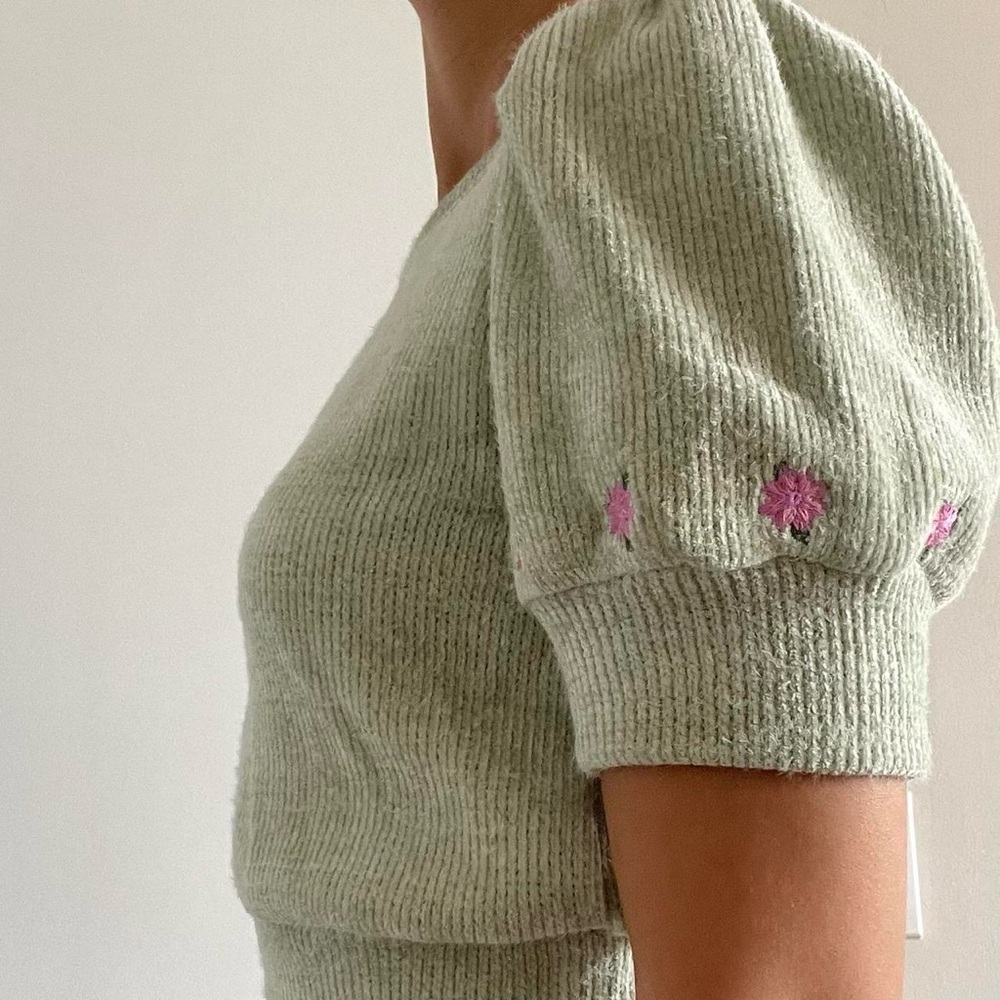 Zara | Pistachio green knit sweater top with pink embroidered roses | Size L - Picture 3 of 8